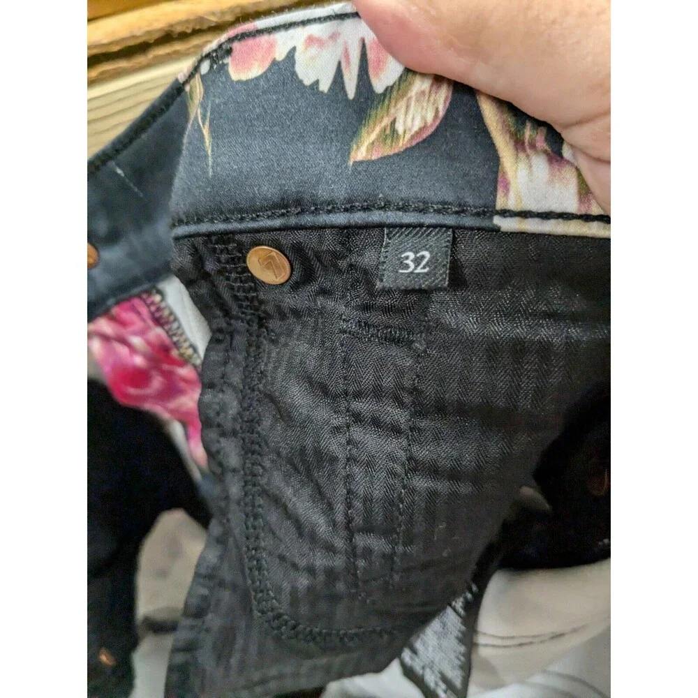 7 For All Mankind Black Floral Print Skinny Pants sz 32